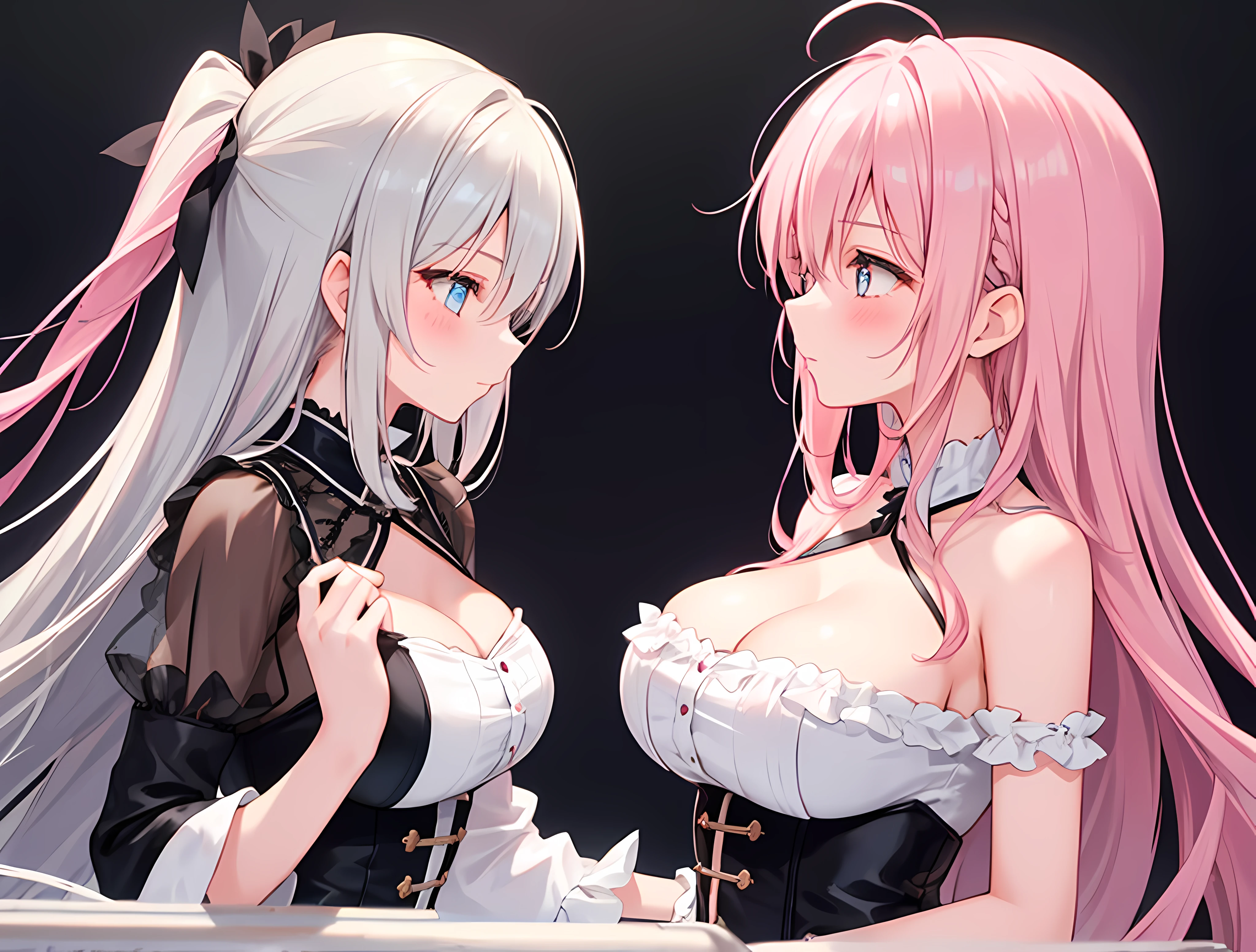 2  girls，Girl1：，Cute big breasts，pink haired one，Long gray hair，girl 2：Blonde hair，Long gray hair，kisses，caressing eachother&#39;nedium breasts