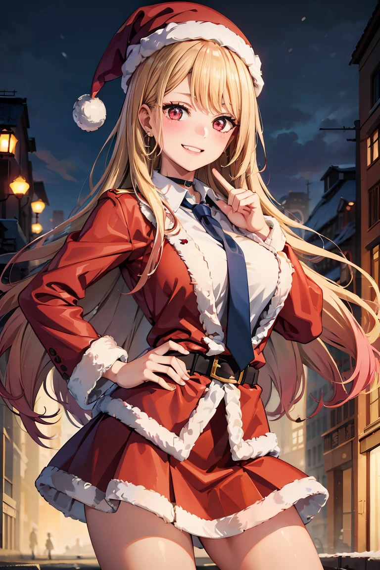 Top quality, high resolution, perfect human structure, background focus, front view, shiny hair, cat ears, blonde hair, short cut, Santa costume, happy laugh, JUMP, city, gradient eyes, swept bangs,