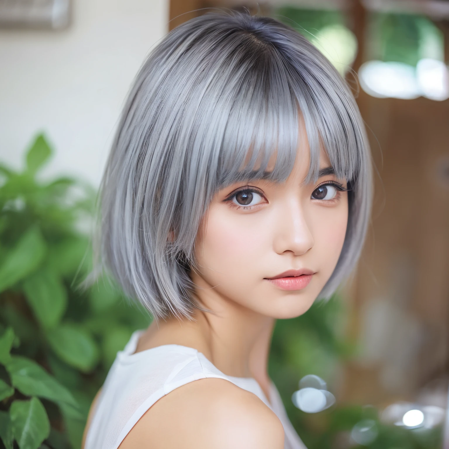 silver color hair、Gray eyes、Shortcut Hair、Vtuber、cute little、florals