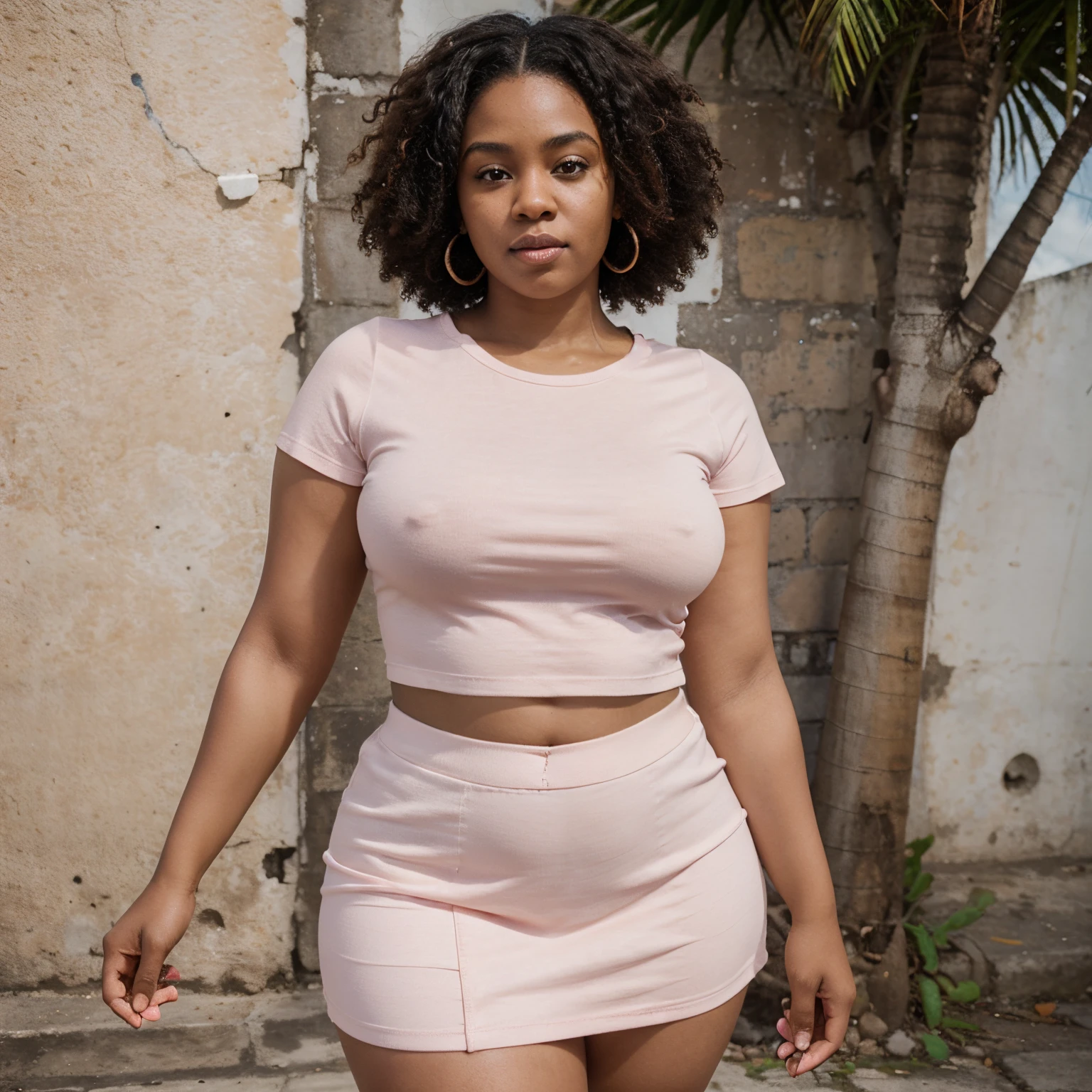 photorealistic character, Beautiful plus size afro Caribbean woman with short hair wearing tight short skirt and a plain pink T-Shirt. she facing the camera, kingstown, st. vincent and the grenadines environment with the background slightly blurred Camera shot from feet to Face, surreal