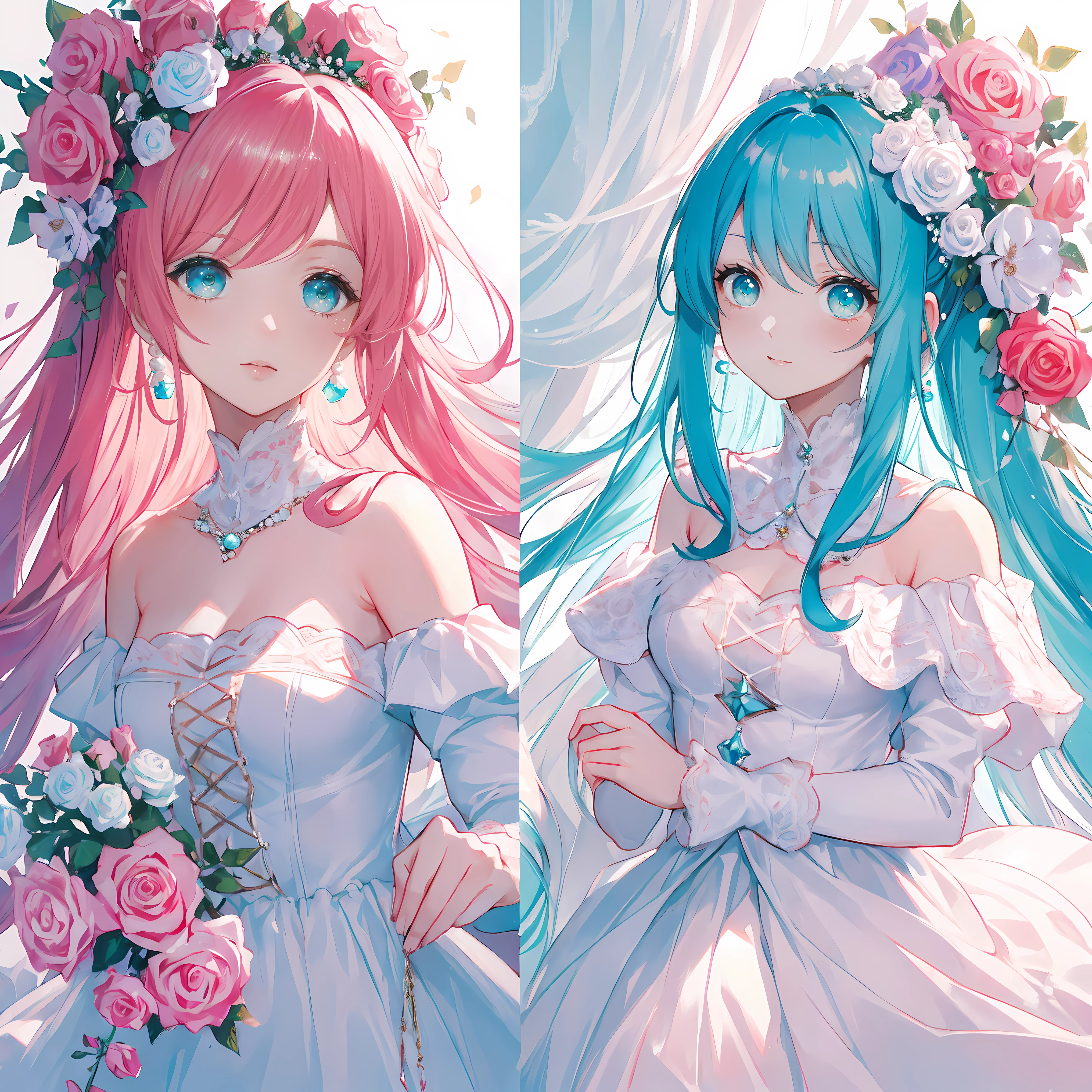 cherry_blossoms, Falling_petals, petals, branch, Pink_flower, 1girll,20yr old, Blue_sky, Spring_\(season\), petals_On_Liquid, flower, hanami, dress, (Long straight blue hair:1.5), Wear a garland, sky,exteriors,clouds,By bangs,ssmile,Blue eyes,White waist-cinching bandeau wedding dress,White lace stockings,Diamond crystal heels,White lace gloves,exposed bare shoulders,diamonds earrings,Detail enhancement。Slim hands,perfect hand,Holding_flower,ventania,The tree,Looking_at_peeping at the viewer,best qualtiy,detail-rich,Bra suspenders,Golden ratio figure,Thin waist,Elongated straight legs,standing on your feet,Right shoulders,Charming,Perfect image quality。