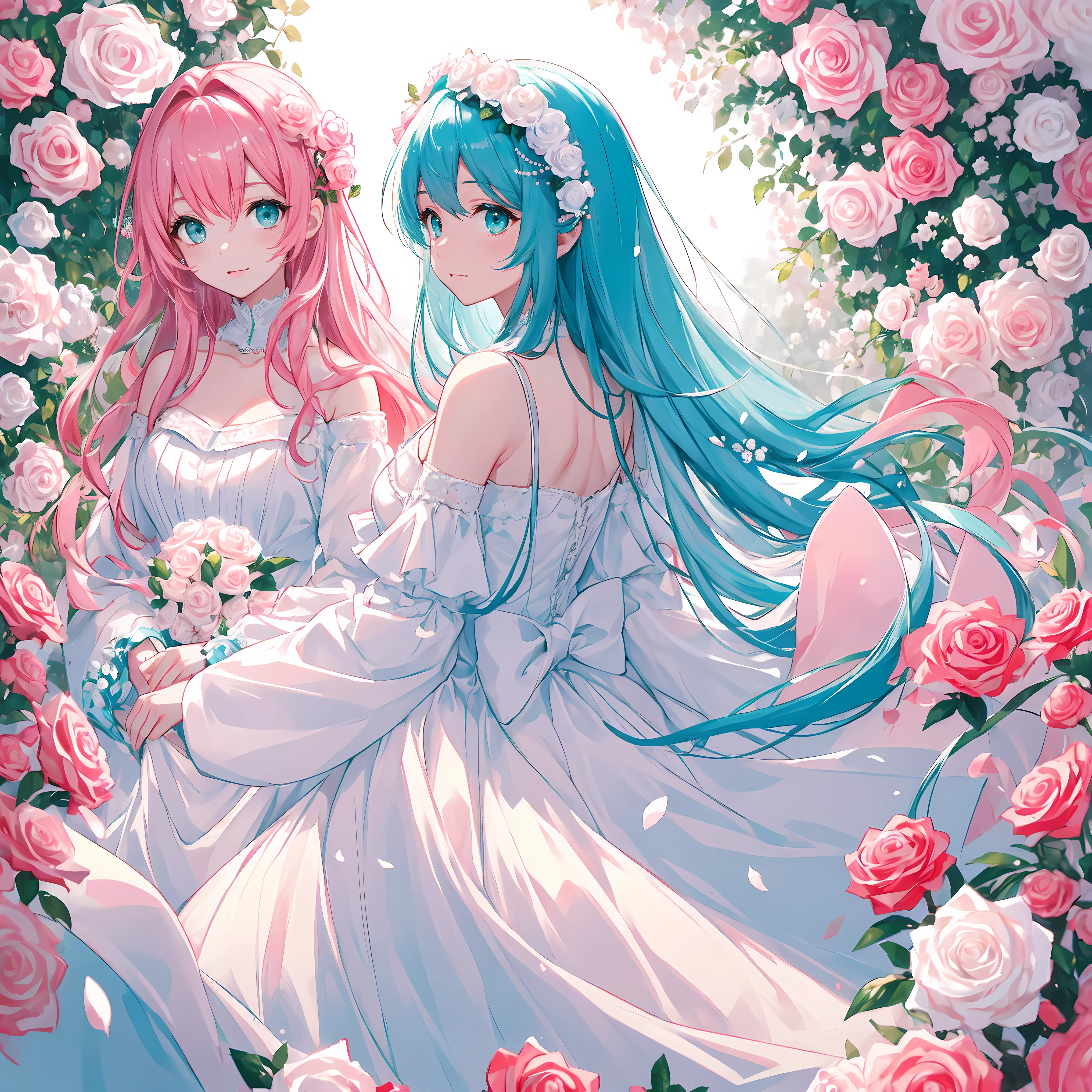 ((tmasterpiece)), high high quality, ultra - detailed, Rose hair + white  clothes: 1.2,Middle-aged girls, perfect body figure, surrounded by roses, The colors are bright and bright, pearl white background, Romantic long hair, Natural soft light, warm and sweet, Cyan eyes, flower hair ornaments.
