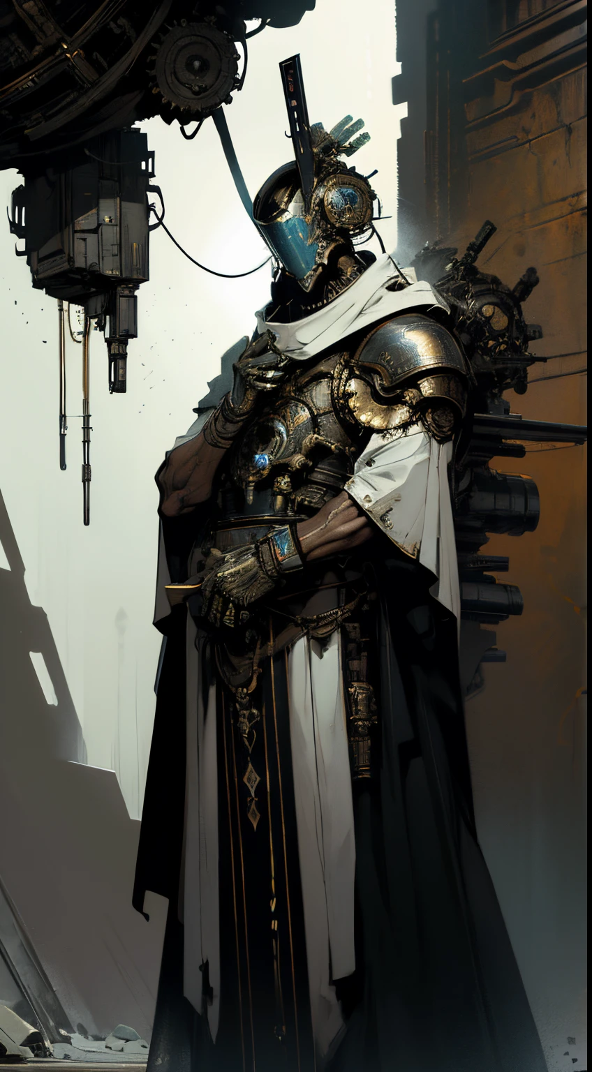 robot, ciborg,((La cara al estilo de un Exo de Destiny)),piel de metal brillante,Mechanical parts of the body,Mechanical gears and gears, (desprovisto de boca), [meticuloso, Surgical precision],Ecclesiastical style background,Science fiction art style,colores vibrantes,high resolusion,Ultra detallado,Realistic lighting effects,Bokeh, wearing white robes and mantle, pose divina, Dos ojos brillantes,