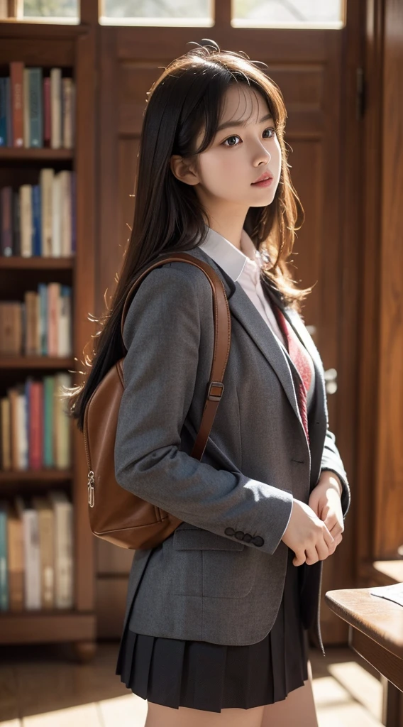 Generate a captivating AI artwork featuring a beautiful woman donned in a classic student uniform. Set the scene within a charming educational backdrop, like a university campus or library. Pay attention to the intricate details of the uniform, emphasizing its elegance and tailored design. Capture the woman in a pose that reflects both intellect and grace, perhaps holding books or a stylish backpack. Infuse the composition with warm, soft lighting to enhance the overall atmosphere of scholastic charm. This prompt seeks to create an AI-generated image that beautifully portrays the timeless allure of a woman in a student uniform, blending sophistication with an academic ambiance.
