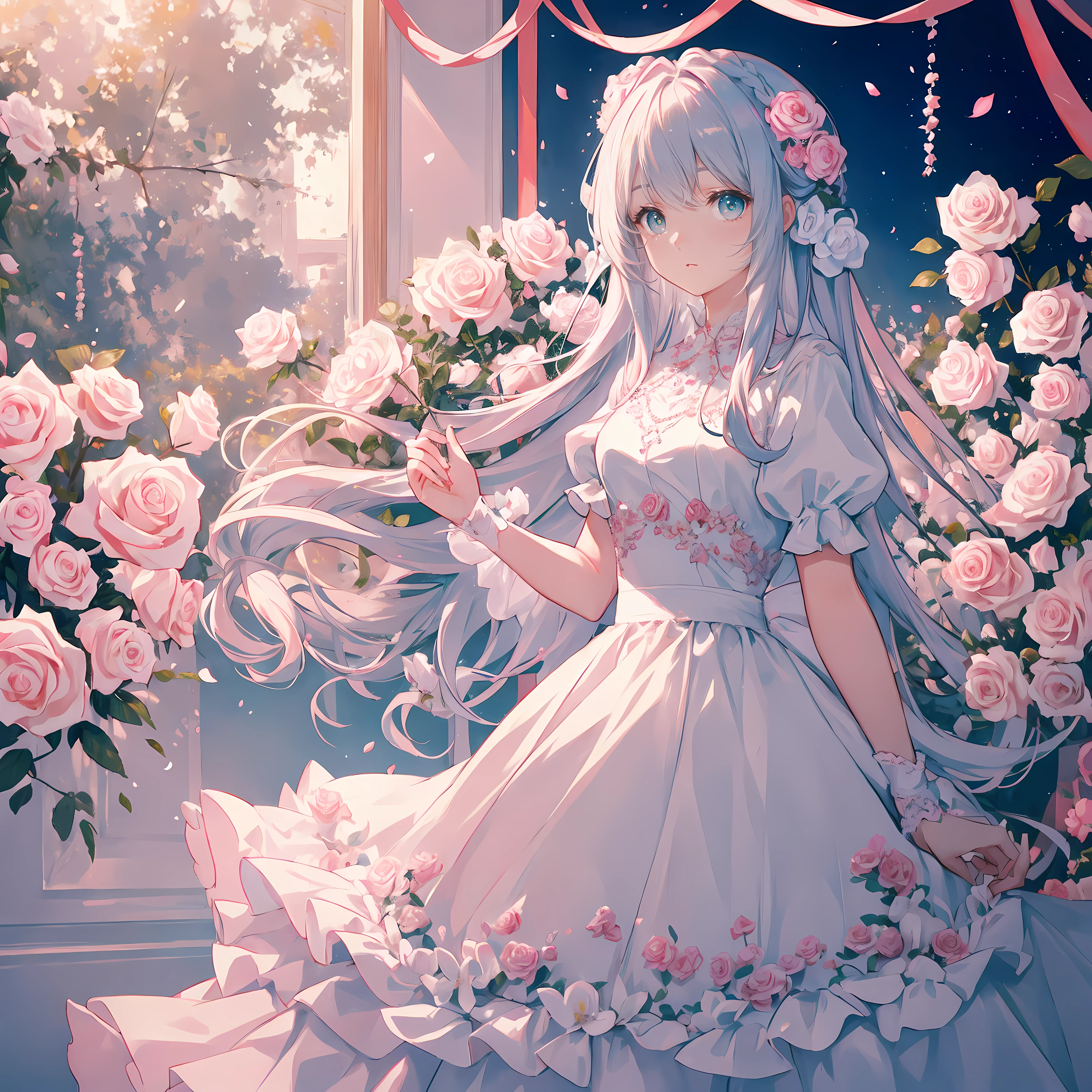 ((tmasterpiece)), high high quality, ultra - detailed, Rose hair + white clothes: 1.2,Middle-aged girls, perfect body figure, surrounded by roses, The colors are bright and bright, pearl white background, Romantic long hair, Natural soft light, warm and sweet, Cyan eyes, flower hair ornaments.