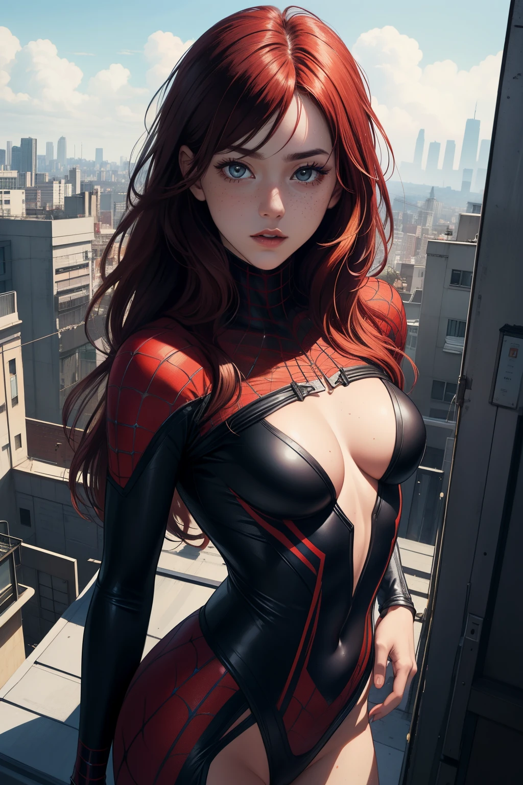 Generate a photorealistic masterpiece featuring a woman in a red and black Spider-Man suit with white streaks. She's unmasked with a pretty ginger face, korean face and body, freckles, thin waist, slender figure, small ??????, swinging from building to building, web slinging, city rooftop background, rooftop, overlooking the city, The wind blows, her red hair flowing elegantly, fingers spread, ?????? cleavage exposed in the skin-tight suit, small ??????, Ensure intricate details, realistic human ???????, doing skirtlift, ??????, ?????? visible