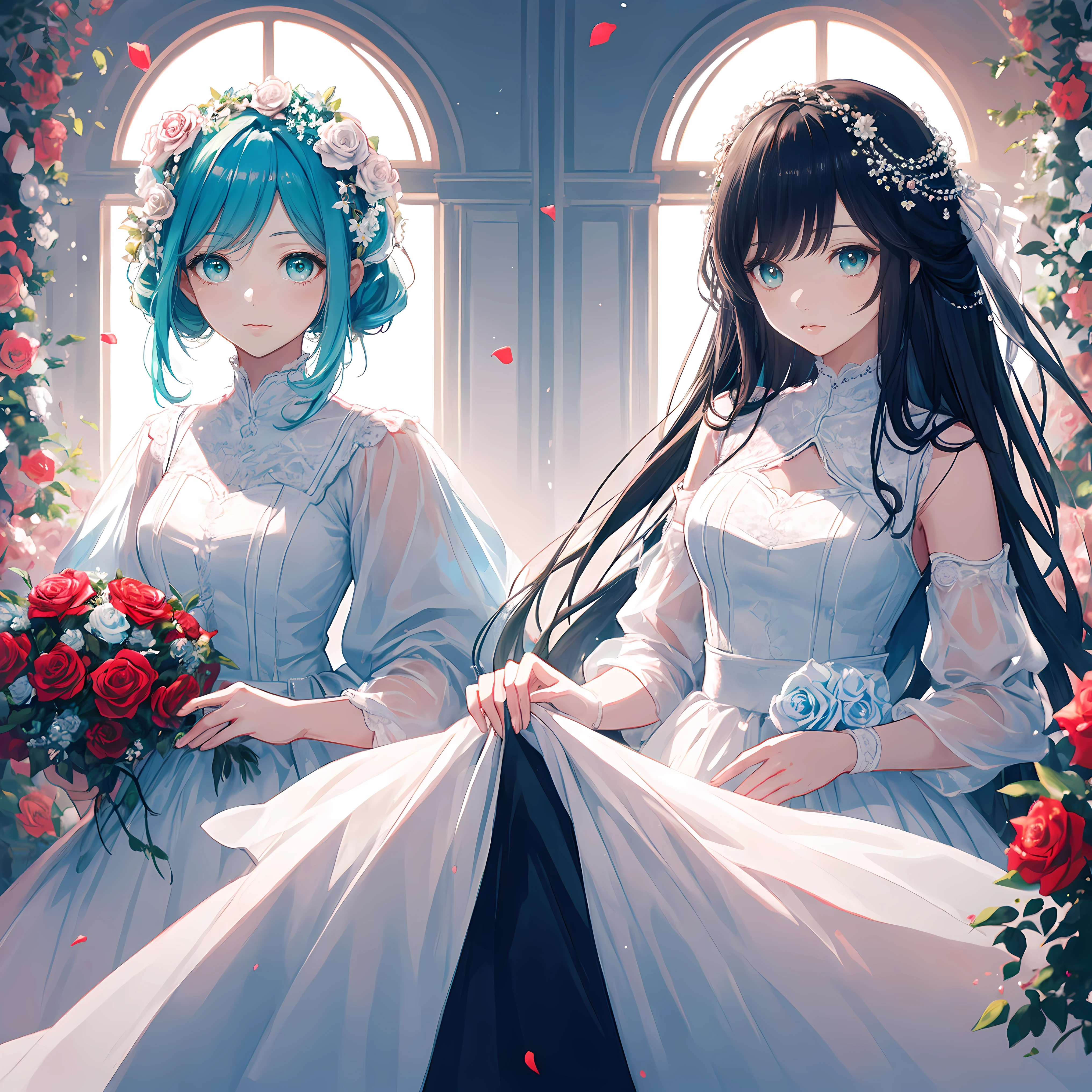((tmasterpiece)), high high quality, ultra - detailed, Rose hair + white  clothes: 1.2,Middle-aged girls, perfect body figure, surrounded by roses, The colors are bright and bright, pearl white background, Romantic long hair, Natural soft light, warm and sweet, Cyan eyes, flower hair ornaments.