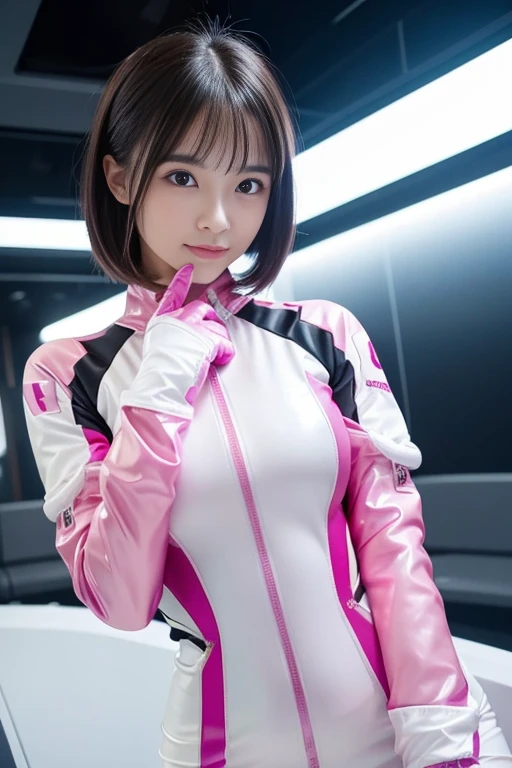 (ultra best quality、8K、masuter piece、delicate illustration、full body Esbian、A beautiful and bewitching Japanese 25-year-old woman、)、(Futuristic close-fitting magenta and white metallic hero suit:1.2) 、(Very plump body 1.1、Super Big 1.2)、smiling at the viewer、A dark-haired