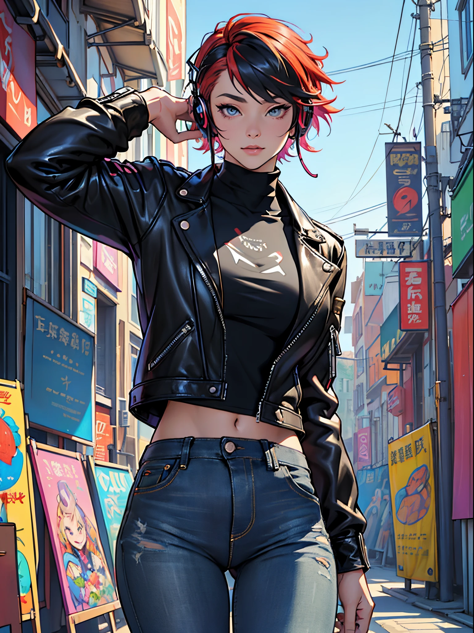 Vibrant colors、((masterpiece)))、(((top-quality)))、((ultra-detailliert))、(A hyper-realistic)、(highly detailed CGillustration)、Official art、CD cover、Metaverse、 art district、It will be、Stylish、Cool Beauty、Coquettish、Gorgeous beauty、multicolored hair、head phone、Rock 'n' Roller、leather jackets、Tight black jeans、female solo、Perfect Angle、perfect-composition、Face Close-up