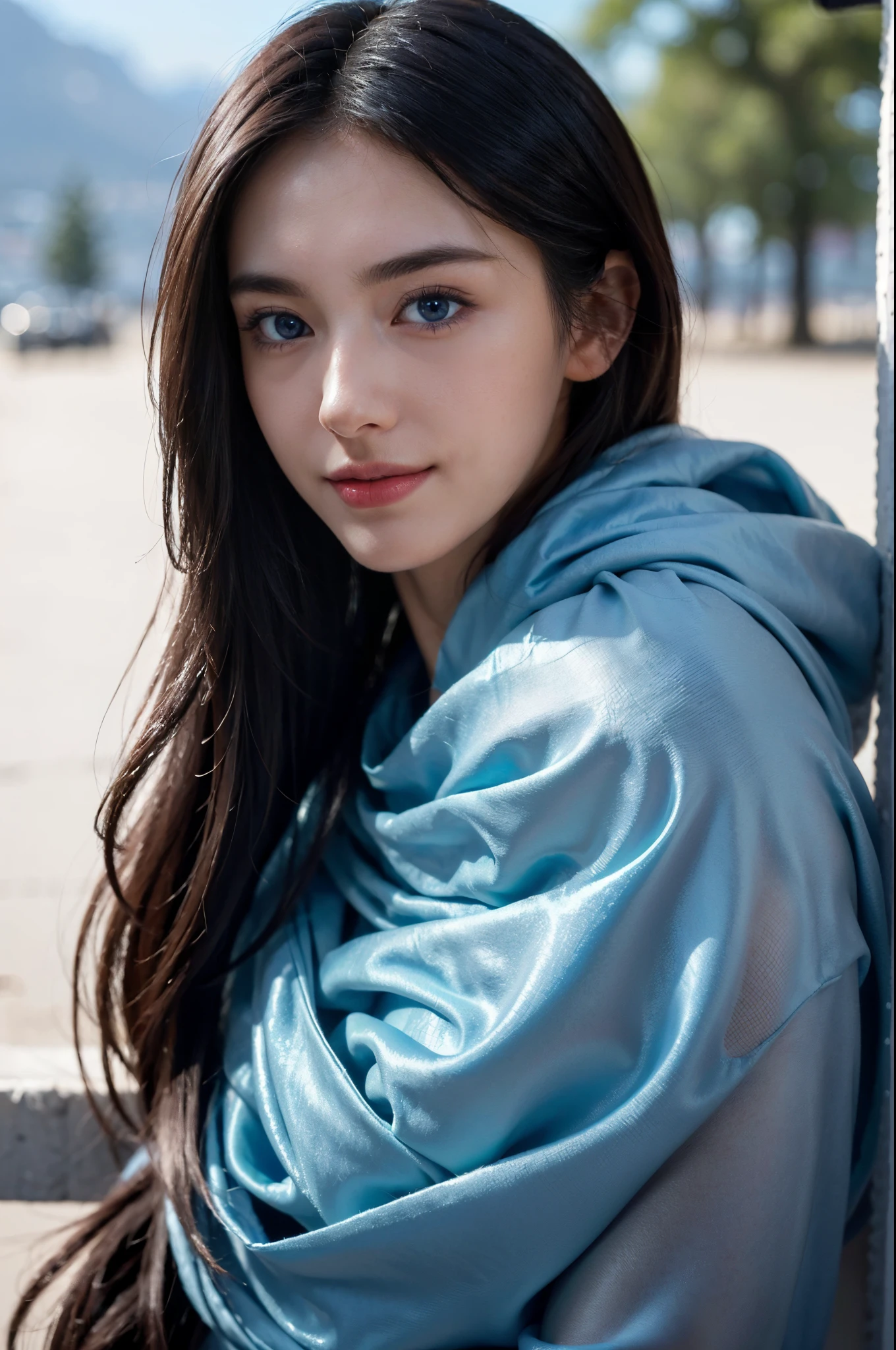 8K, Top Quality, Intricate Details, Ultra Detail, Ultra High Resolution, Masterpiece, random angle,  Slender, Smile, (Makeup: 0.4), (Fluffy Blue Eyes: 1.21), blue Eyes, looking at viewer, ((full body)), 1girl, solo, 1 girl, (( full body)), close up shot, sitting, on side, ((tall)), (((fit body))), (((slim face))), sharp face, sharp eyelack hair, long hair, ))  (detailed face), sharp face, small lips, 
 ((shawl)),  detailed face, detailed breast, , large breast, detail ass, , Beautiful girl with accentuated slender abs: 1.4, Six Pack Abs: 1.4, Bust Botox, Big, Perfect Body, detail leoonlight)), top of mountain
