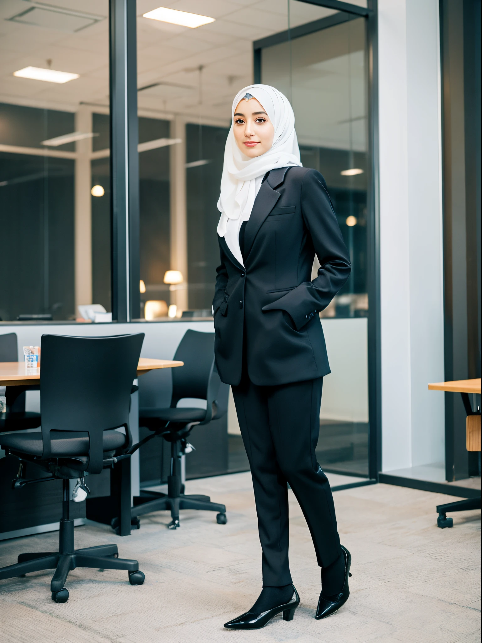 middle eastern girl, hijab, suit, office