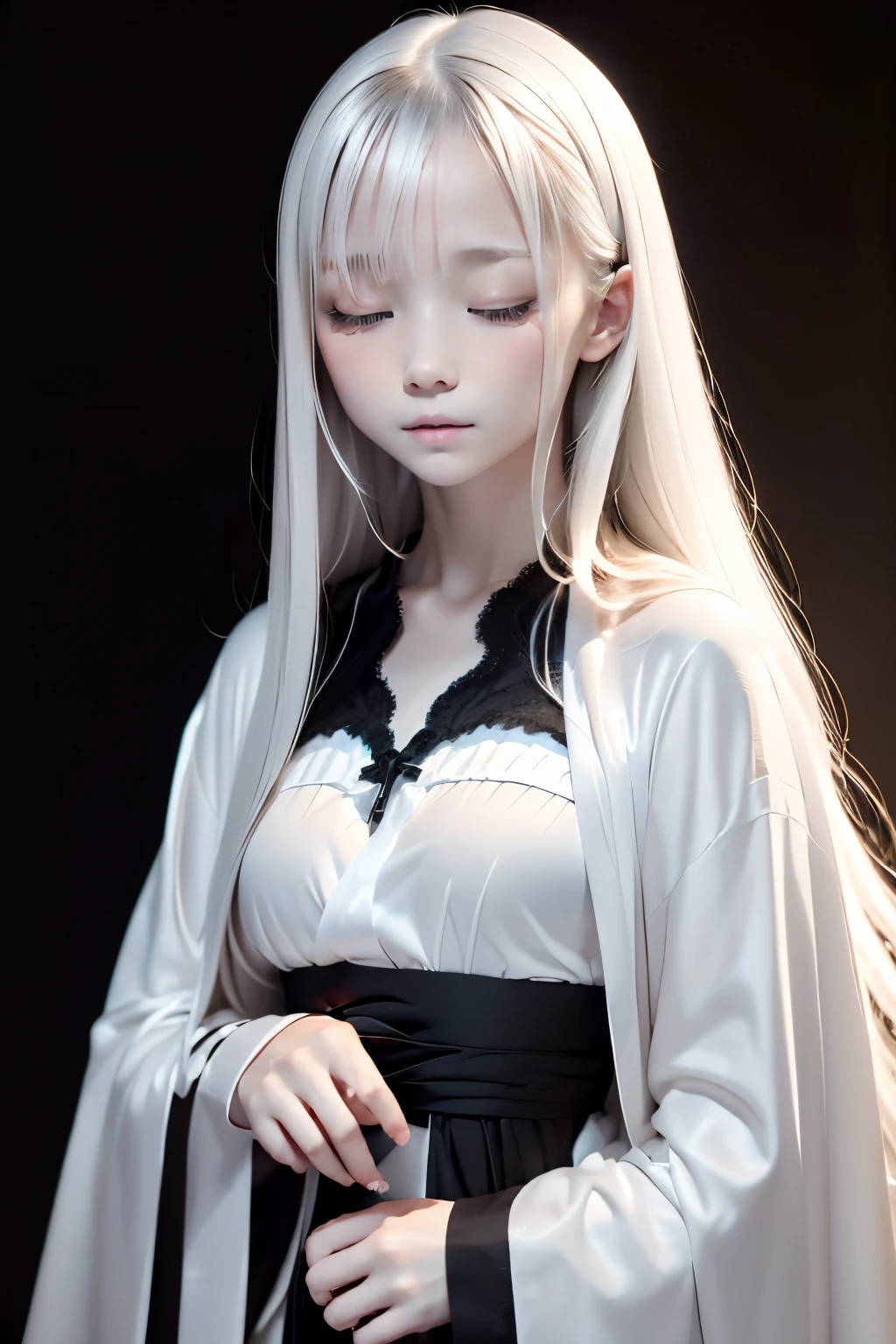 (((Faintly present woman in the dark)))、top-quality、masutepiece、portlate、parfect anatomy、albino、(((独奏)))、Beautuful Women、Extraordinary beauty、sixteen years old、Silky silver hair、length hair、((Close your eyes:1.3))、((Wizard-style white robe))、Freezing、Standing、Silence、cross your fingers in front of your chest、((Black background:1.3)))