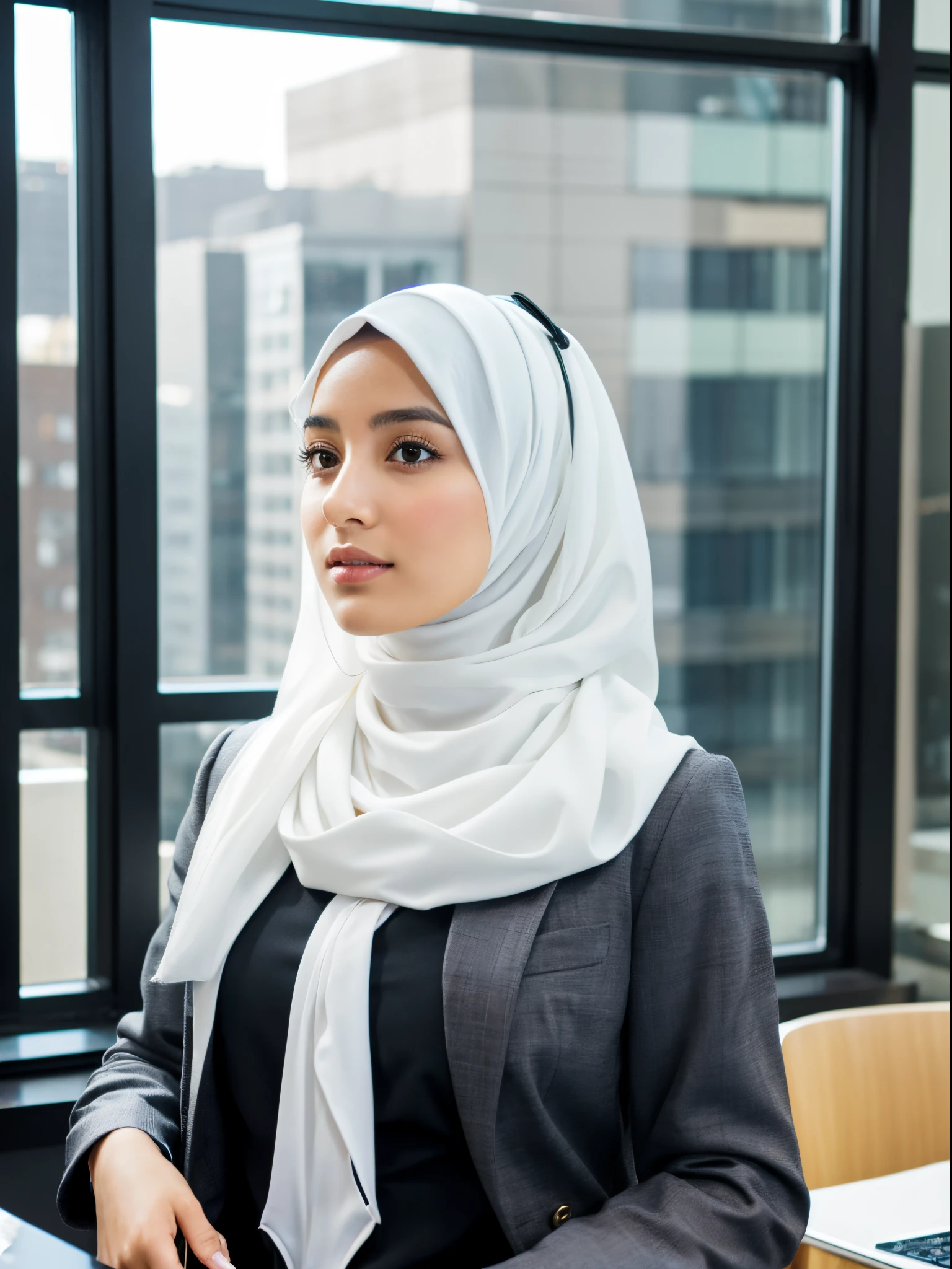 middle eastern girl, hijab, suit, office