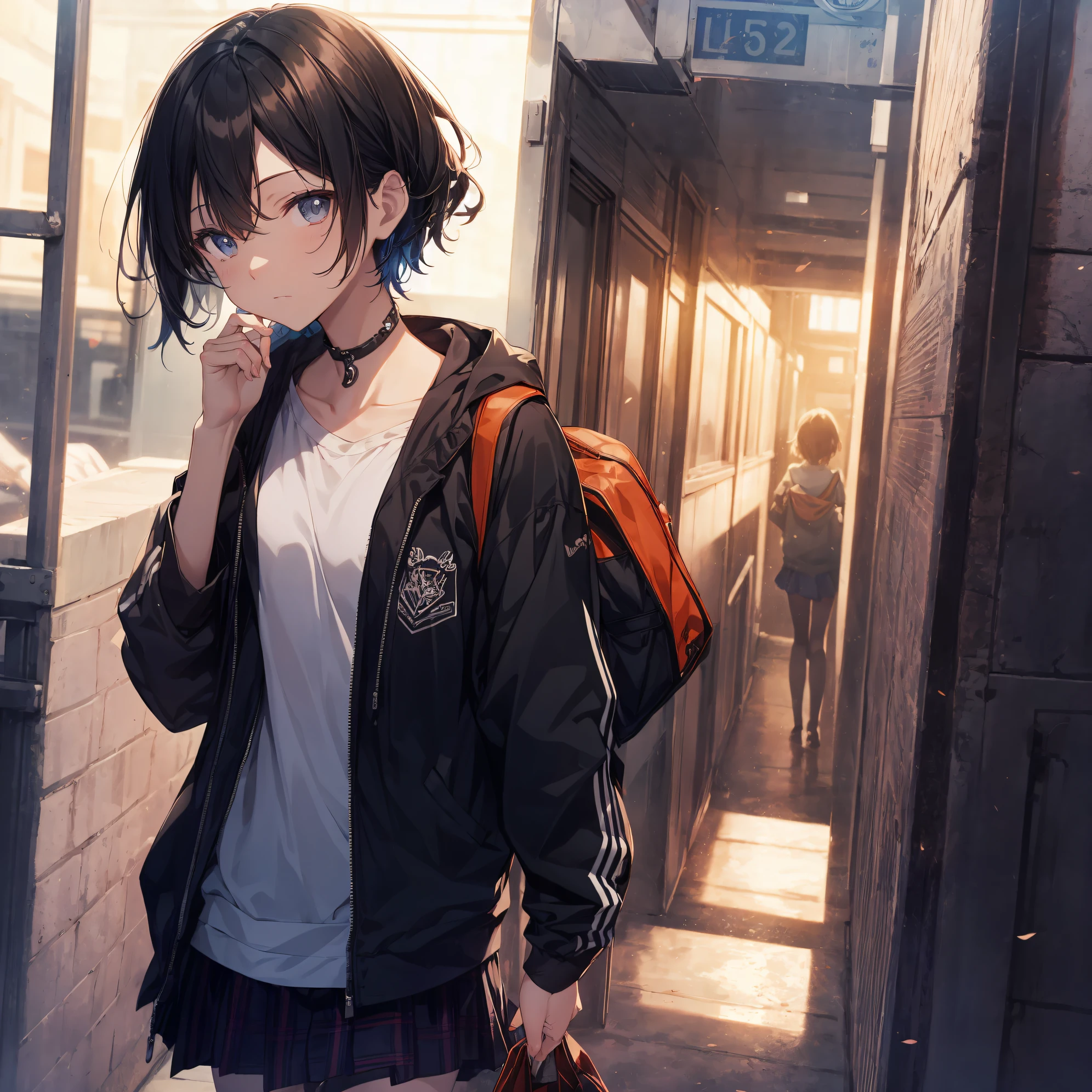 best god quality, Ultra-detailed, anime moe art style,Best Anime 8K Konachan Wallpapers,Pixiv Contest Winner,Perfect Anatomy, (Draw a girl sleepily walking to school. ),BREAK, 1girl is a cool beautiful girl, (Solo,Lori,child,13years:1.3),a junior high school student, Androgynous attraction, (Very short hair), hair messy,center parted bangs,Forehead, Full limbs, complete fingers,flat chest, Small butt, groin, Small eyes,Beautiful detailed black eyes,Well-proportioned iris and pupils,disgusted eye, School uniform, Skirt,On the way to school. BREAK,High resolution,super detailed skin, Best lighting by professional AI, 8K Illustration,