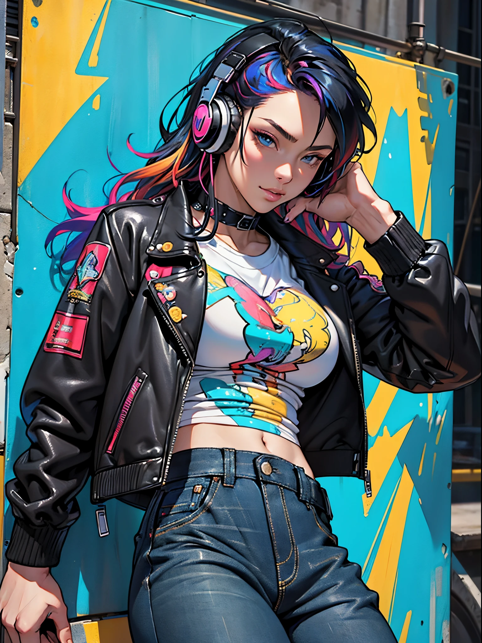 Vibrant colors、((masterpiece)))、(((top-quality)))、((ultra-detailliert))、(A hyper-realistic)、(highly detailed CGillustration)、Official art、CD cover、Metaverse、 art district、It will be、Stylish、Cool Beauty、Coquettish、Gorgeous beauty、multicolored hair、head phone、Rock 'n' Roller、leather jackets、Tight black jeans、female solo、Perfect Angle、perfect-composition、Face Close-up