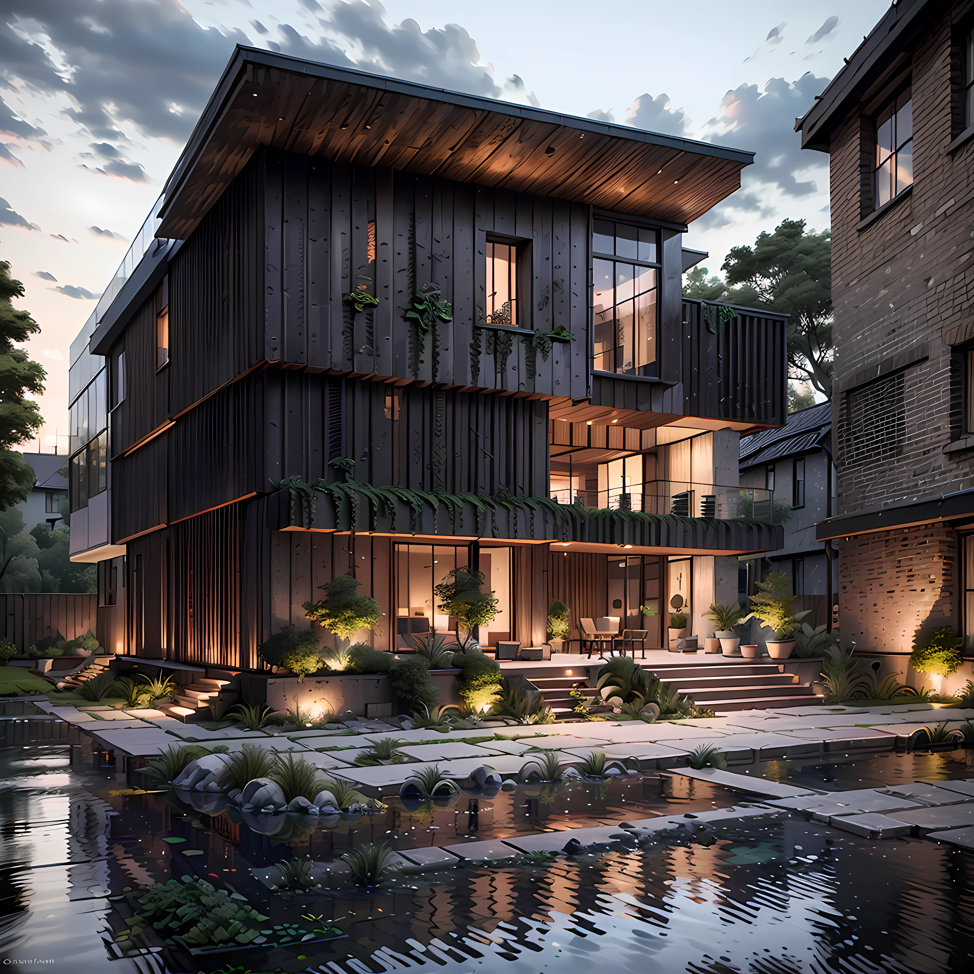 mordenhouse, house, glass house with a sloping roof, modern, dynamic (RAW photo, real, best quality, masterpiece:1.2), (hyper realistic, photo-realistic:1.2), high quality, (dark lighting:1.2), perfect lighting, archdaily