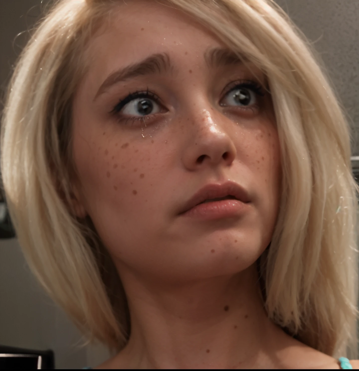 Woman, many freckles, sad, crying