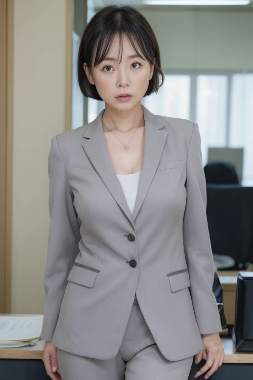 (((1 Japanese 65-year-old woman))), ((Sagging under the eyes)),(((nasolabial folds))),独奏,masutepiece, Best Quality, Photorealsitic, super detailed skin, Sharpen, Perfect Anatomy,Inside the city,Anatomy,独奏,Longhaire,((old body)), Sagging udder) (thick waist),(flabby body)(,Plump body),bunk butt,Serious look,Mature AV Actress, glamor, A sexy,(((Fair skin with many wrinkles))),small diamond necklace,(((Gray Office Lady Suit))),skirt by the,(Black high heels),Staring at this,