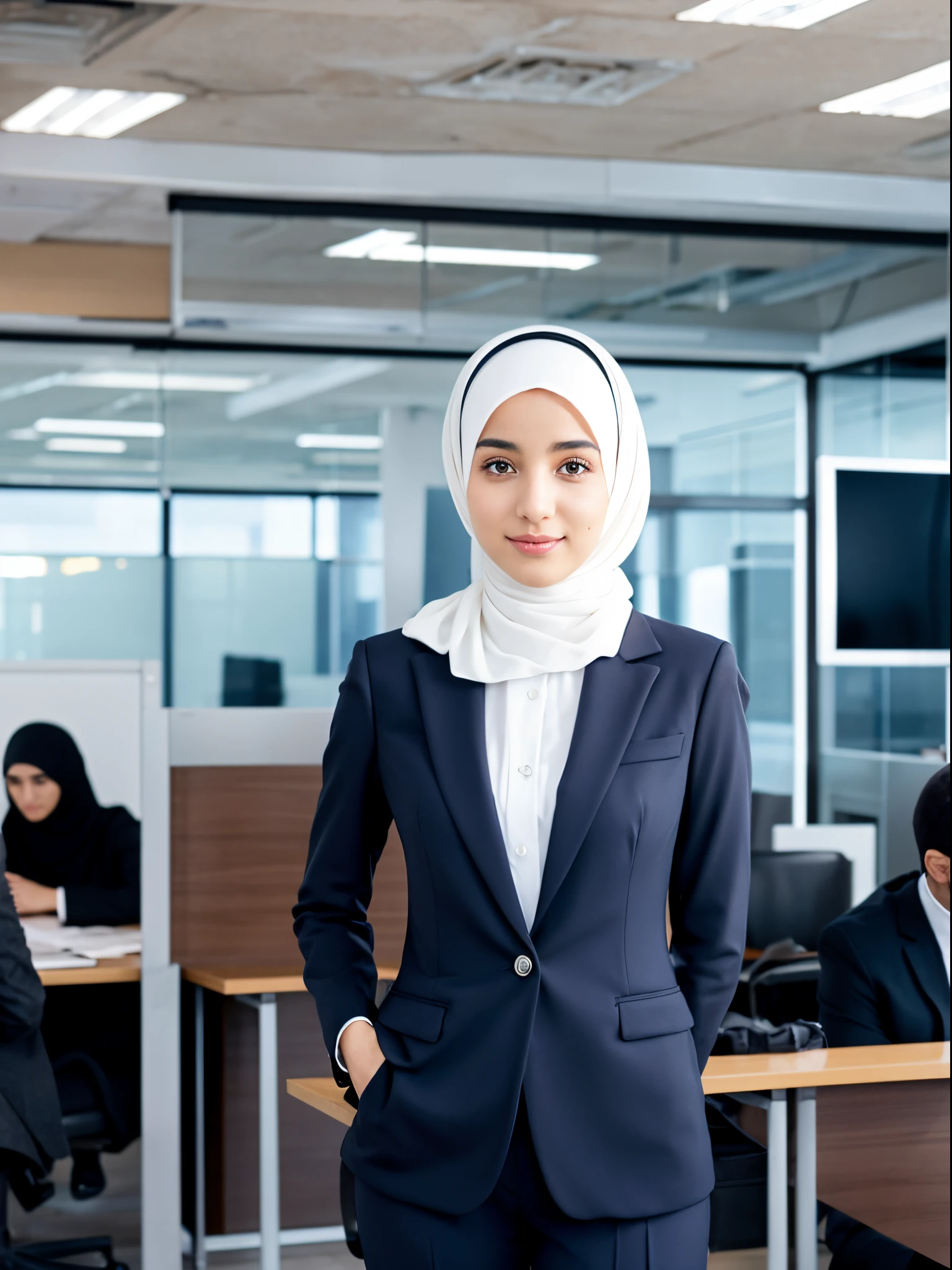 middle eastern girl, hijab, suit, office