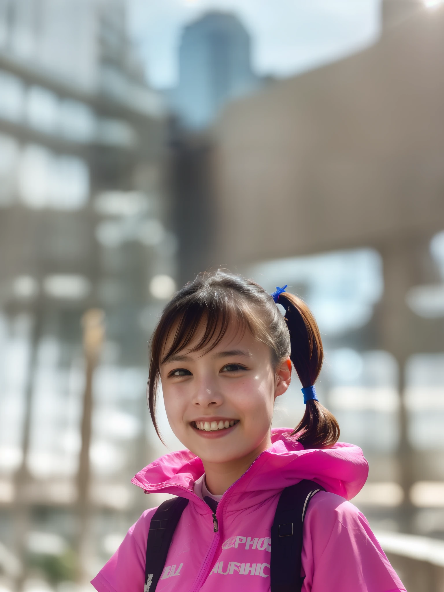 Portrait photo of a young girl, (laughing:0.7), pink ponytails hair, complex city background, backlit, (cinematic:1.5), epic realistic, hyperdetailed, insane details, intricate details, accent lighting, soft volumetric light, bokeh, (dramatic light:1.2), (neutral colors:1.3), cross process