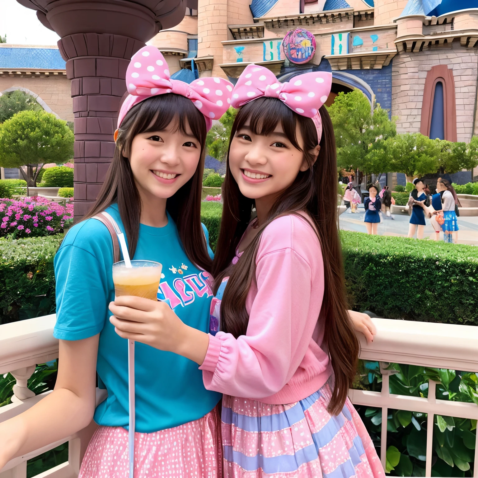 Two girls who look like they could be in a Pixar movie、One person is wearing pink clothes and has long hair with bangs.、The second person is wearing blue clothes and has medium hair with bangs.、I'm smiling and there's Disneyland behind me、Arms crossed、They both have food and drinks in their hands and are both wearing headbands.