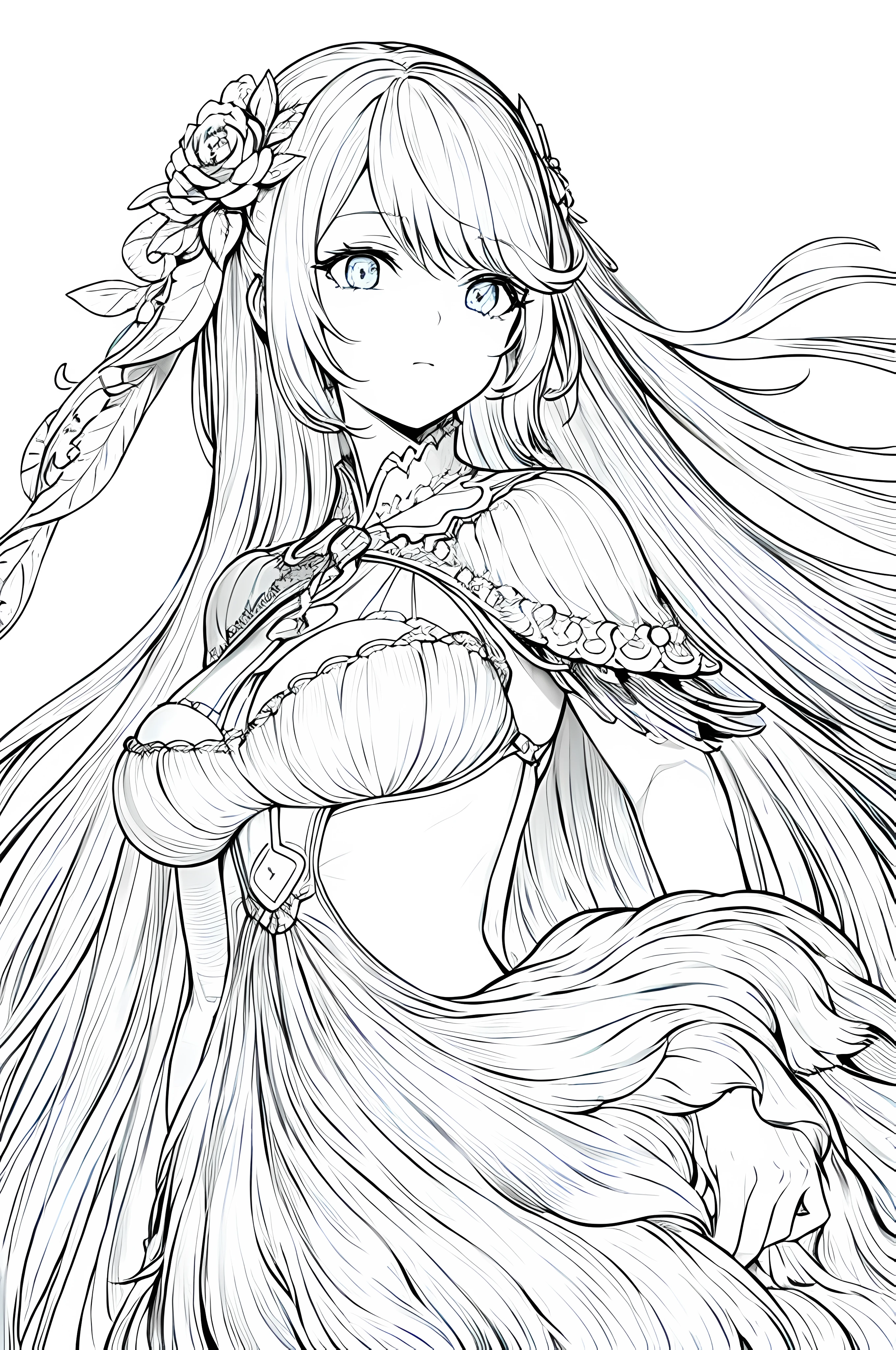 A drawing of a girl with long hair and a flower in her hair - SeaArt AI