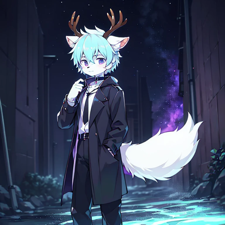 Furry sika deer,There a white fox tail on the back,white shirt+Long black trench coat,Wearing black boots on his feet,Wearing a fox mask on the face,cover half of face,It has a pair of antlers and furry fox ears on its head.,Height 178 cm,eyes as dark blue as stars,Dotted with purple and green,Black suit pants,astrophysics student,wear a choker around your neck,Elegant style,There a pair of antlers on the head