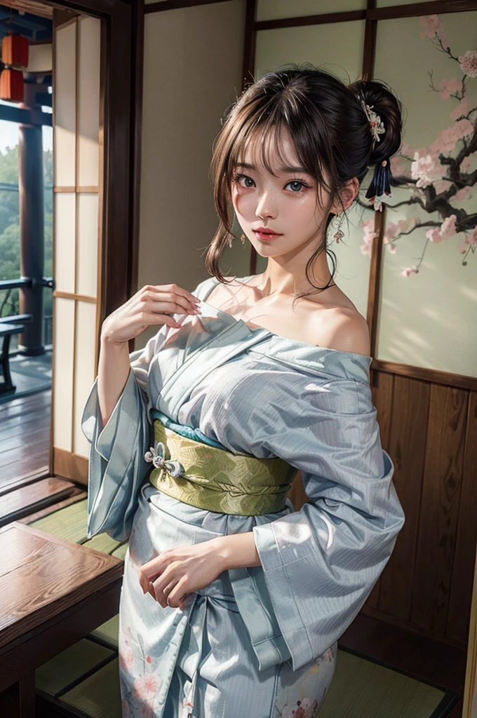 (masutepiece:1.Photoreal Stick:1.4, 8K), top-quality, ​masterpiece, 超A high resolution, Professional camera work, Grow Light Effect, Realistic portrait, Cinematic Light, Highly detailed skin and facial texture:1.Perfect dynamic composition, The ultra-detailliert, A detailed eye, Detailed limbs, (Japanese-style room in the Japan, formal hanging scroll, tradition:1.5), 1girl in, 25-years old, cute sexy japanese slim woman, Fair skin, (Enraptured look:0.9, Totally captivates you:1.0), (Silver kimono:1.32 off shoulder), (voluptuous breasts:0.9), (Backshots, Calm pose), (Beautiful blue eyes, Eyes that feel beautiful eros:0.85), Sexy face:0.4, (A mouthfeel that feels beautiful eros:0.85), ((Too cute beauty:0.9))