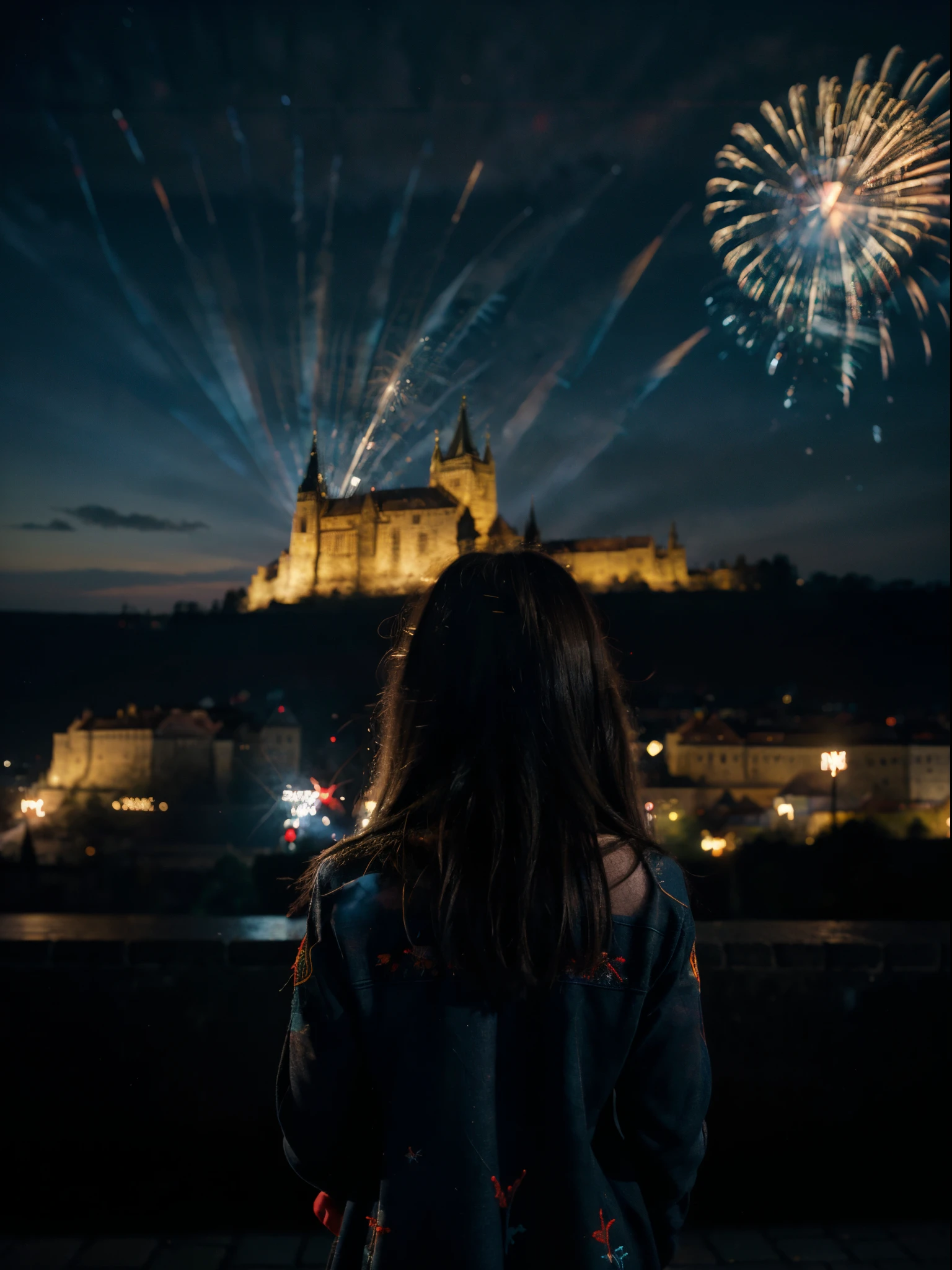 landscape, (firework: 1.2), a flame embroidered in the night sky, ((look at the sky: 1.3)), back to camera, travel, happy, windy, prague, castle seen in the background, movie scene, cinematic light, low light, very dark scene, (anamorphic lens bokeh: 1.4), composition from below