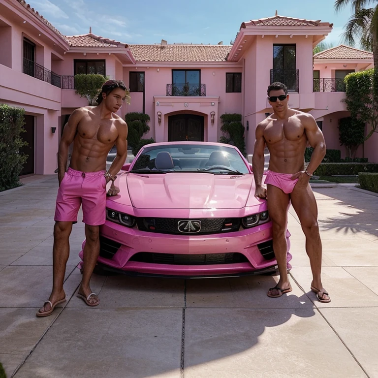 luxurious Calabasas style, hot pink mansion with pink cars outside and shirtless men wearing pink