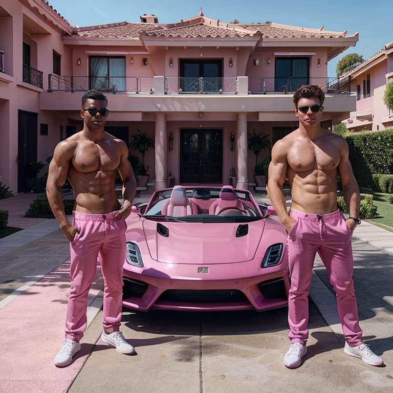 luxurious Calabasas style, hot pink mansion with pink cars outside and shirtless men wearing pink