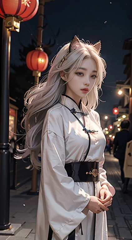 tmasterpiece、nood、night scene、moon full、1womanl、Mature Woman、china style、Ancient China、Sister、Royal sister、With a cold face、expressionless face、Woman with long hair、pale pink lips、steady、intelligence、Tri-Belt、gray pupils,assassins,Short Knife,Flower ball background,A masterpiece of street view walking、nood、night scene、moon full、1womanl、Mature Woman、china style、Ancient China、Sister、Royal sister、With a cold face、expressionless face、Woman with long hair、pale pink lips、steady、intelligence、Tri-Belt、golden pupils,assassins,Short Knife,Flower ball background,Stroll through the streets，White-haired Catwoman，Hanfu，Cat ears，Cat's tail，Clear purple eyes