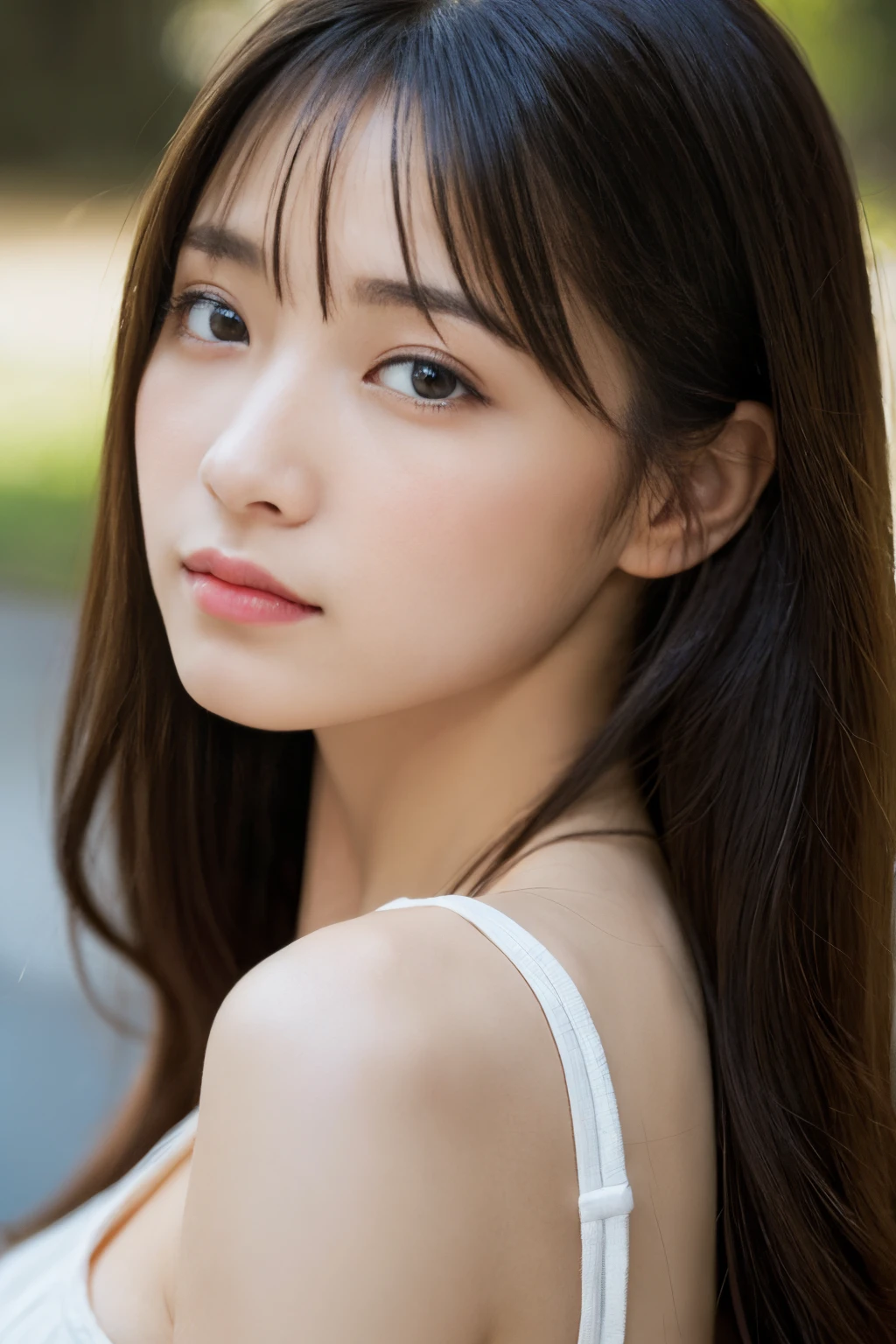 ((Rear view、Transverse breasts))、(realisitic、Photorealsitic、ultra-detailliert、Highest Details Skins、top-quality、masterpiece、超A high resolution)、Cute Japan Woman、sixteen years old、hi-school girl、younggirl、Thin makeup、no-makeup、1 girl in、I have bangs、二重まぶた、drooing eyes、Japanese style face、View here、Realistic skin type