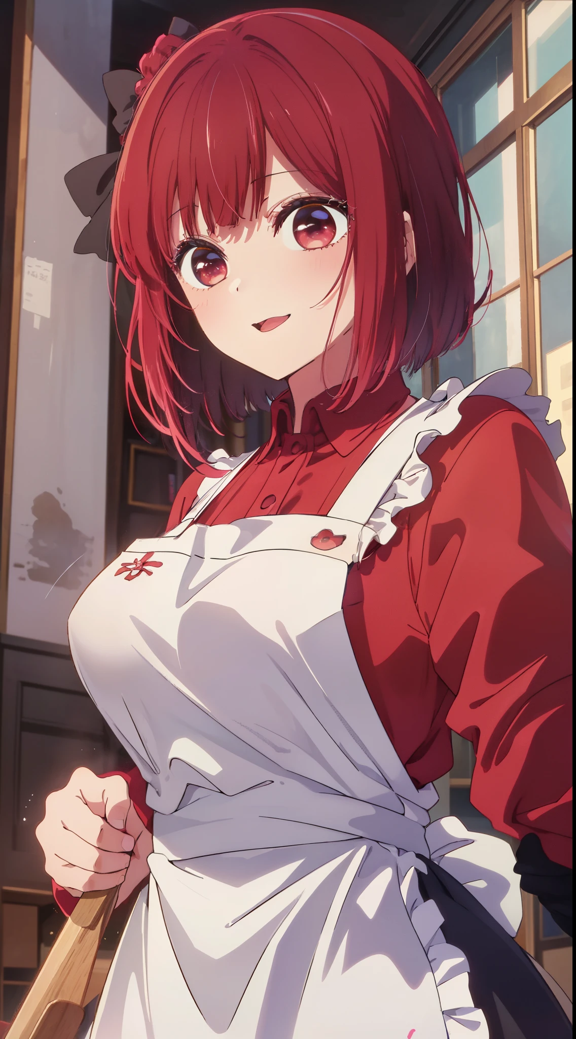 masterpiece、ighly detailed、(1 girl in:1.2)、Red hair、big eye、(((a closeup)))、smil、short-hair、(((anime styled)))、(((2D)))、Red Eyes、Open your mouth、(((White Apron)))、(((kitchin)))、8K、