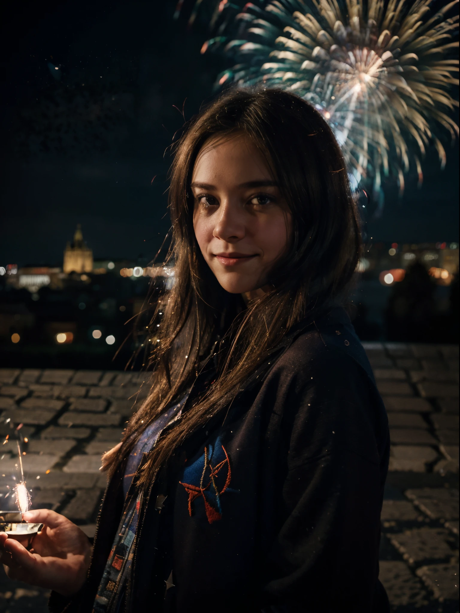 (no people: 1.5), landscape, (firework: 1.2), a flame embroidered in the night sky, little smile, windy, prague, castle seen in the background, movie scene, cinematic light, low light, very dark scene, (anamorphic lens bokeh: 1.4), composition from below
