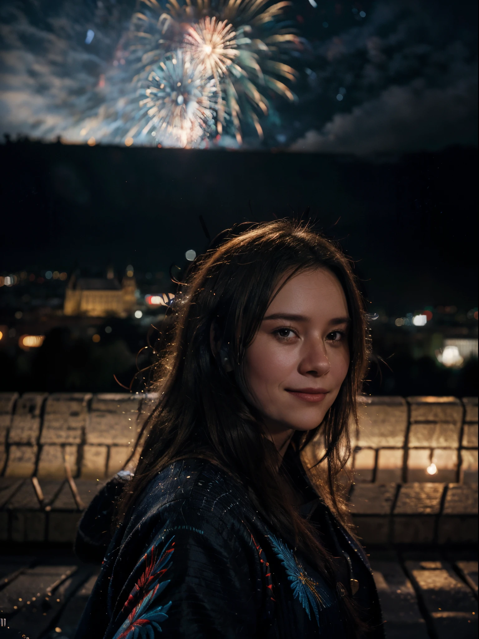 (no people: 1.5), landscape, (firework: 1.2), a flame embroidered in the night sky, little smile, windy, prague, castle seen in the background, movie scene, cinematic light, very dark scene, (anamorphic lens bokeh: 1.4), composition from below