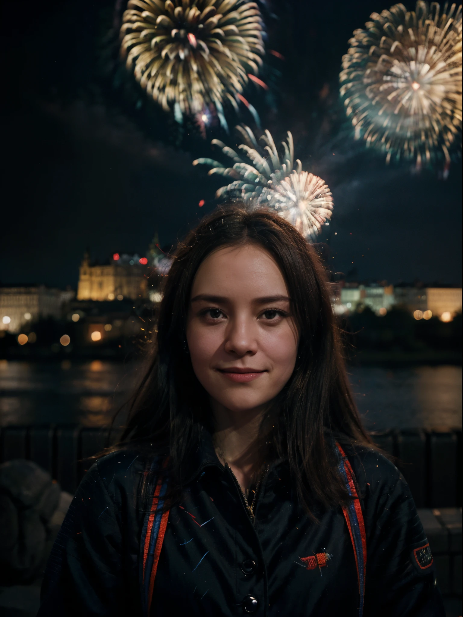 (no people: 1.5), landscape, (firework: 1.2), a flame embroidered in the night sky, little smile, windy, prague, castle seen in the background, movie scene, cinematic light, very dark scene, (anamorphic lens bokeh: 1.4), composition from below
