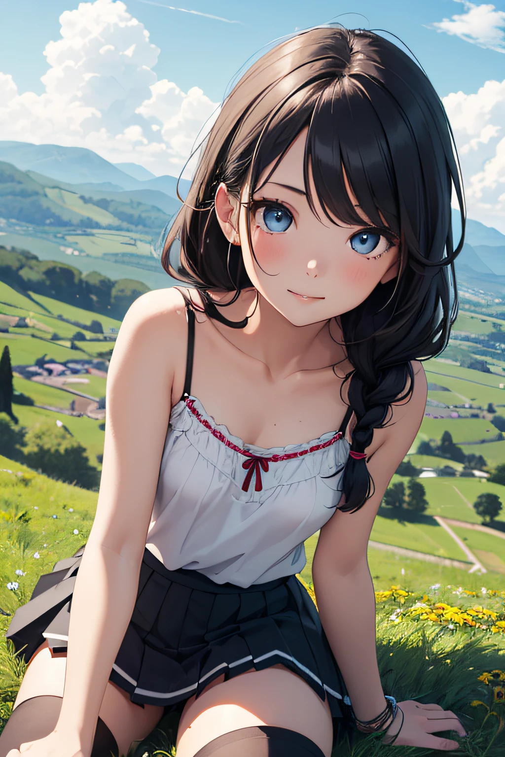 Very cute and beautiful girl,(very detailed beautiful face and eyes:1.2),(Happy),(White camisole),(Cowboy Shot),
zettai ryouiki,Beautiful legs,(Blue pleated mini skirt),Sitting,Spread legs,Dynamic Angle,Black hair,twin braids,
countryside,grassy fields,On the hill,Small multicolored flowers,
(Best Quality,masutepiece:1.2),Intricate details,hight resolution,(1 girl,Solo:1.2),
Natural lighting,Hair fluttering in the wind,Beautiful detailed sky,Looking at Viewer,