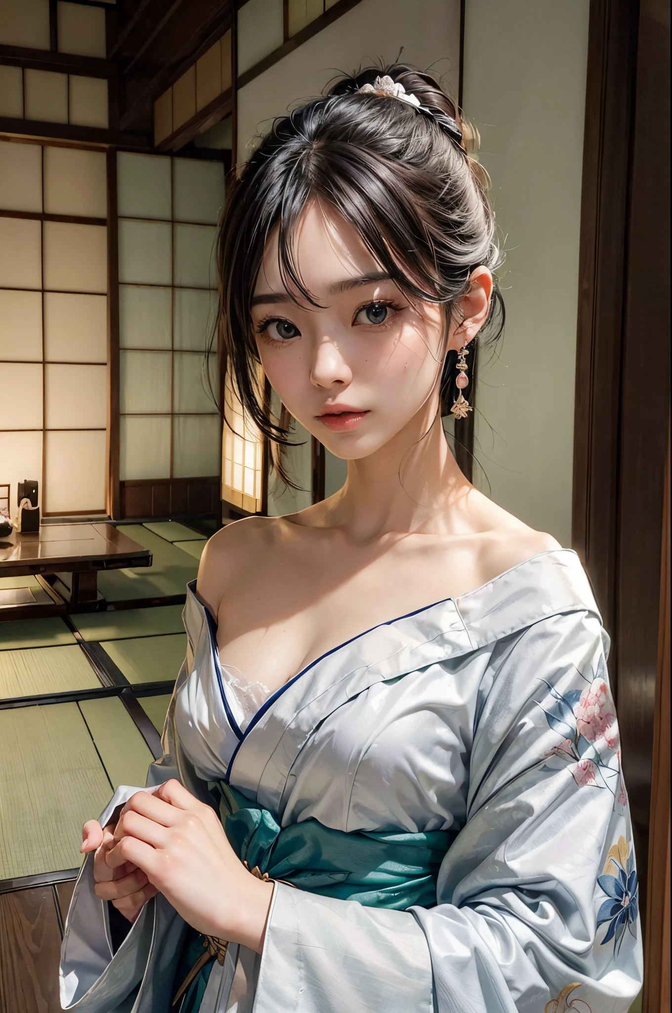 (masutepiece:1.Photoreal Stick:1.4, 8K), top-quality, masterpiece, 超A high resolution, Professional camera work, Grow Light Effect, Realistic portrait, Cinematic Light, Highly detailed skin and facial texture:1.Perfect dynamic composition, The ultra-detailliert, A detailed eye, Detailed limbs, (Japanese-style room in the Japan, formal hanging scroll, tradition:1.5), 1girl in, 25-years old, cute sexy japanese slim woman, Fair skin, (Enraptured look:0.9, Totally captivates you:1.0), (Silver kimono:1.32 off shoulder), (voluptuous breasts:0.9), (Backshots, Calm pose), (Beautiful blue eyes, Eyes that feel beautiful eros:0.85), Sexy face:0.4, (A mouthfeel that feels beautiful eros:0.85), ((Too cute beauty:0.9))