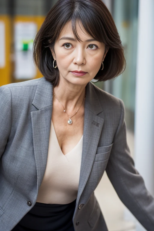 (((1 Japanese 65-year-old woman))), ((Sagging under the eyes)),(((nasolabial folds))),独奏,masutepiece, Best Quality, Photorealsitic, super detailed skin, Sharpen, Perfect Anatomy,Inside the city,Anatomy,独奏,Longhaire,((old body)), Sagging udder) (thick waist),(flabby body)(,Plump body),bunk butt,Serious look,Mature AV Actress, glamor, A sexy,(((Fair skin with many wrinkles))),small diamond necklace,(((Gray Office Lady Suit))),skirt by the,(Black high heels),Staring at this,