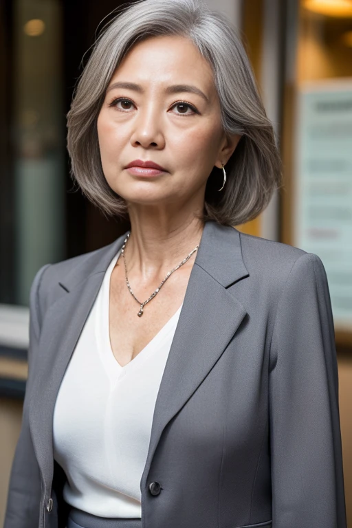 (((1 Japanese 65-year-old woman))), ((Sagging under the eyes)),(((nasolabial folds))),独奏,masutepiece, Best Quality, Photorealsitic, super detailed skin, Sharpen, Perfect Anatomy,Inside the city,Anatomy,独奏,Longhaire,((old body)), Sagging udder) (thick waist),(flabby body)(,Plump body),bunk butt,Serious look,Mature AV Actress, glamor, A sexy,(((Fair skin with many wrinkles))),small diamond necklace,(((Gray Office Lady Suit))),skirt by the,(Black high heels),Staring at this,