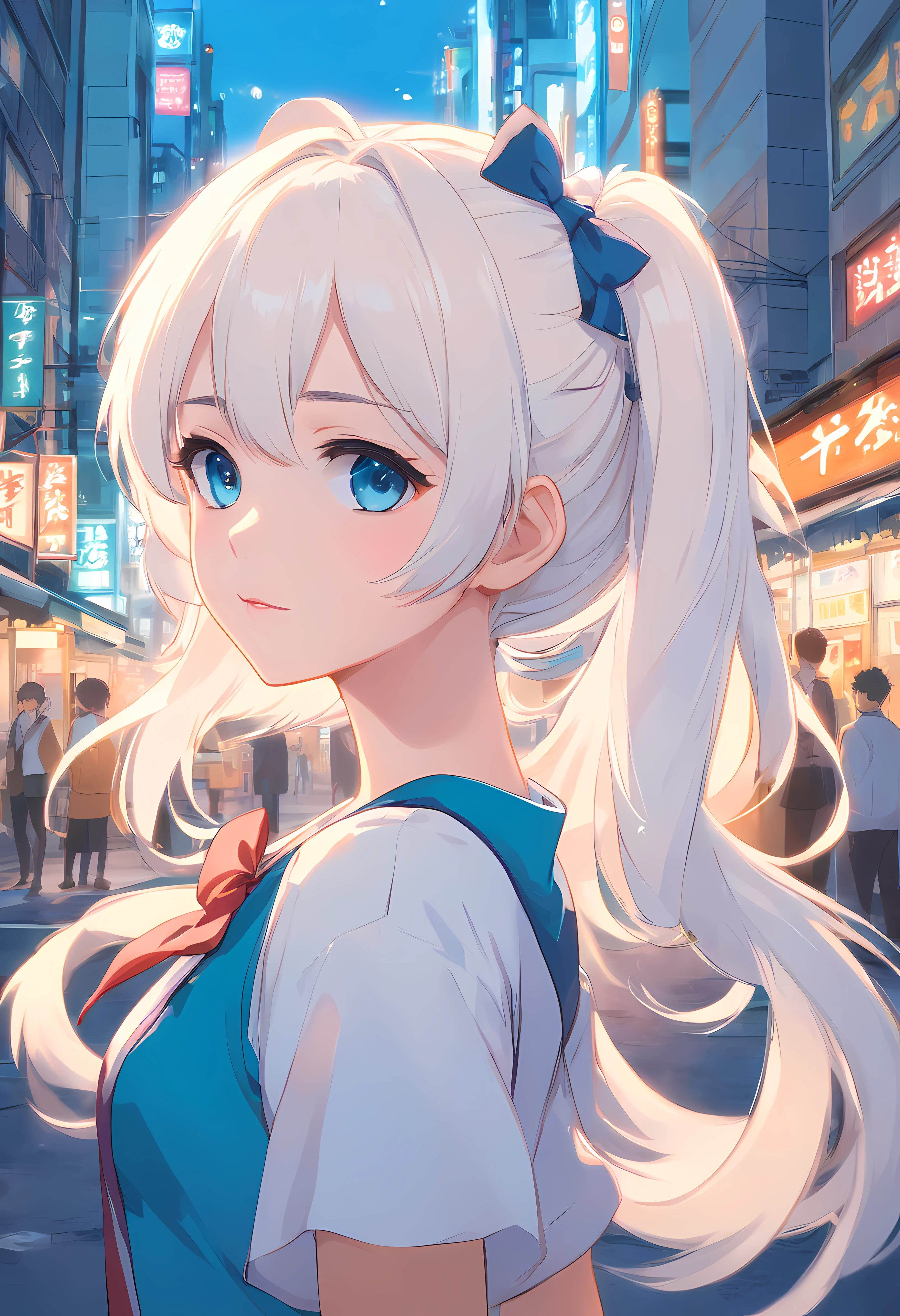 white color hair,Double ponytail curllue color eyes,White ta,Bess,A bustling city street