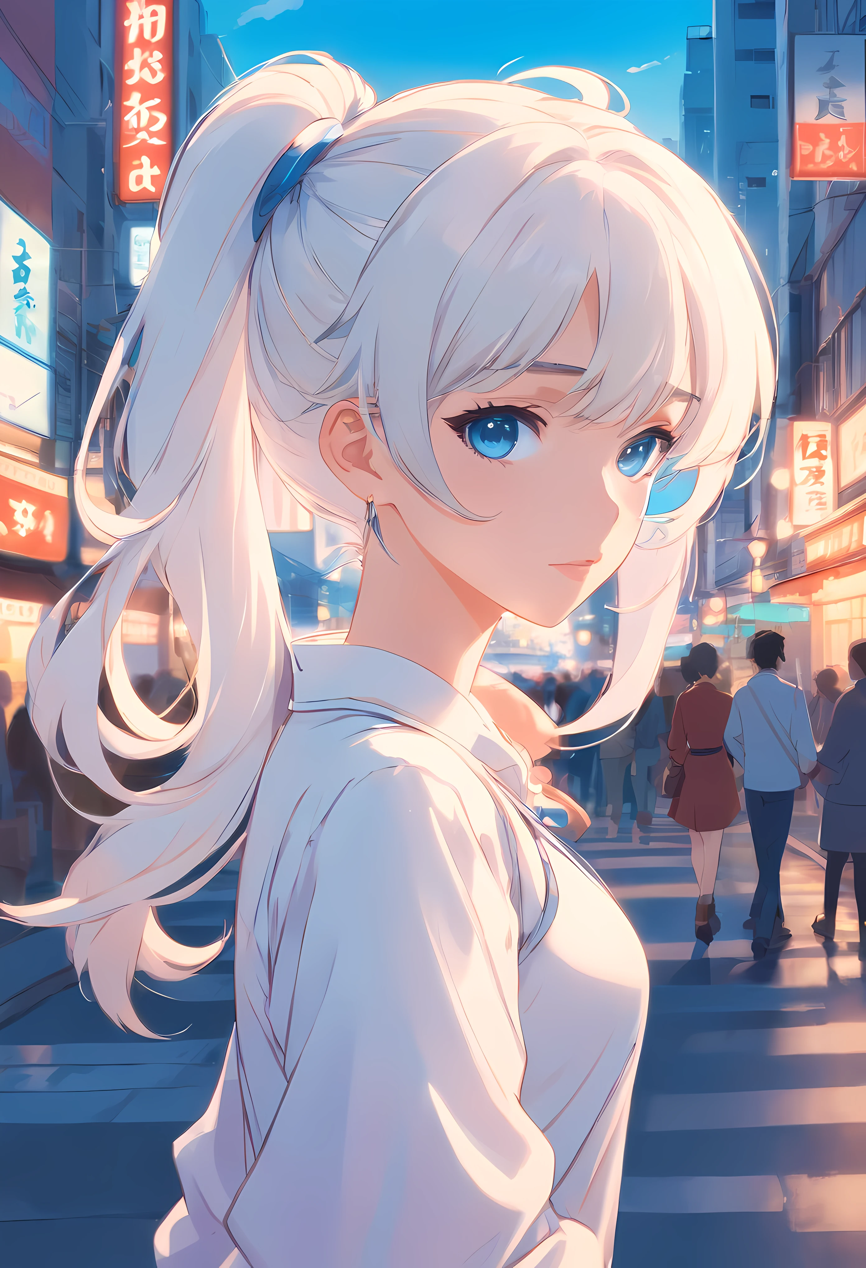 white color hair,Double ponytail curllue color eyes,White Lolita,Bess,A bustling city street