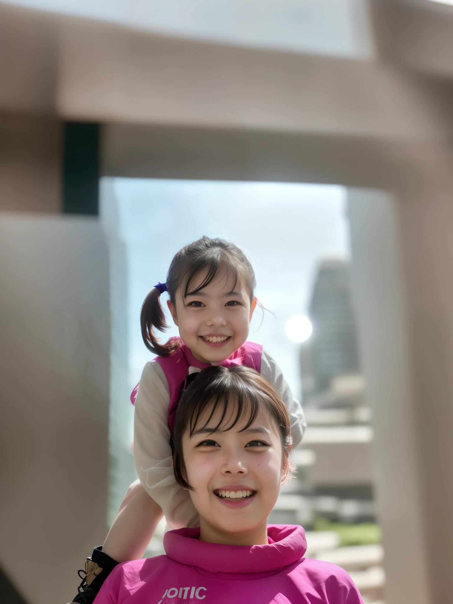 Portrait photo of a young girl, (laughing:0.7), pink ponytails hair, complex city background, backlit, (cinematic:1.5), epic realistic, hyperdetailed, insane details, intricate details, accent lighting, soft volumetric light, bokeh, (dramatic light:1.2), (neutral colors:1.3), cross process
