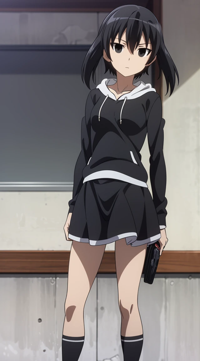 (masterpiece), best quality, expressive eyes, perfect face, kurome , black hair ,short twin ,short hair, black  eyes, medium  breasts, anime art style, official art, slightly head tilt, sexy pose,wallking, ((white_hoodies, black skirt )),background house , full body