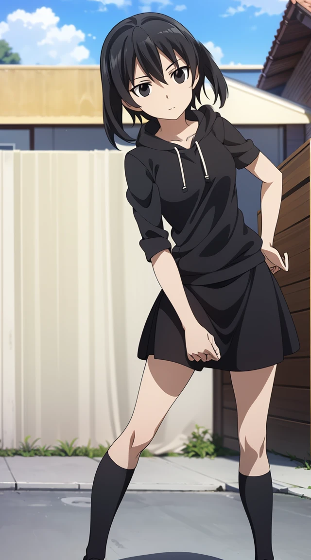 (masterpiece), best quality, expressive eyes, perfect face, kurome , black hair ,short twin ,short hair, black  eyes, medium  breasts, anime art style, official art, slightly head tilt, sexy pose,wallking, ((white_hoodies, black skirt )),background house , full body