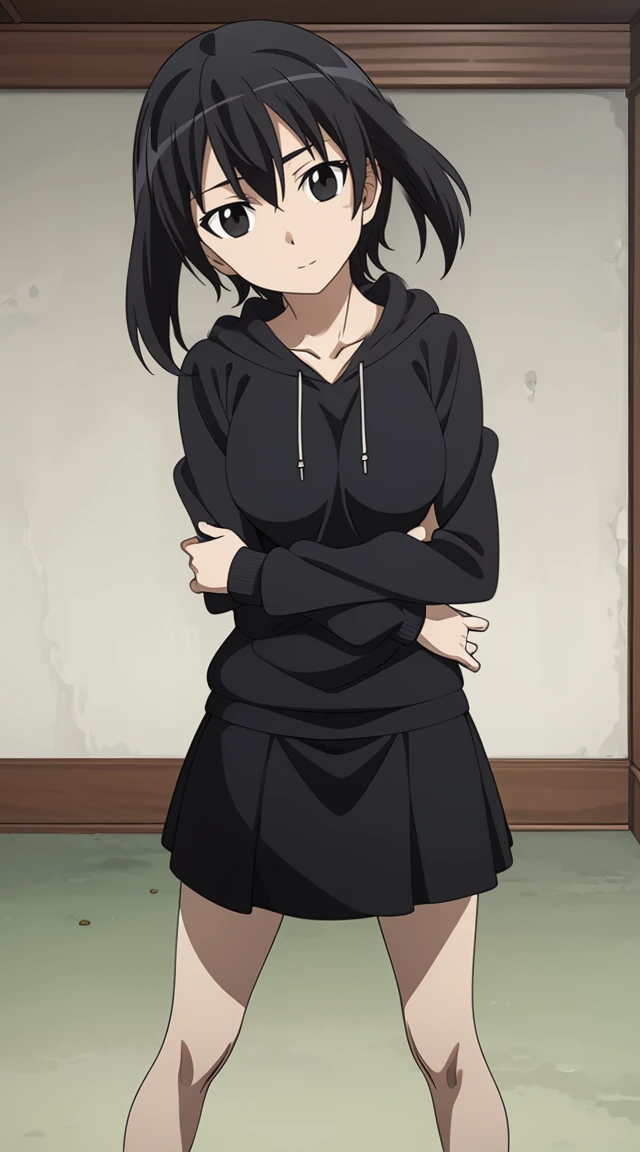 (masterpiece), best quality, expressive eyes, perfect face, kurome , black hair ,short twin ,short hair, black eyes, medium breasts, anime art style, official art, slightly head tilt, sexy pose,wallking, ((white_hoodies, black skirt )),background house , full body