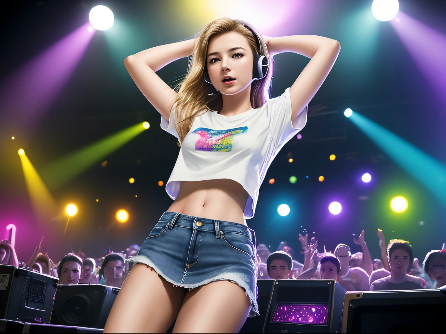 top quality 32k raw photo of 18-year-old Emily VanCamp wearing white T shirt and jeans skirt and headphone. navel look. she is on the disco stage playing. colorful lights,