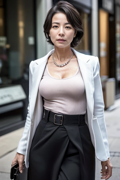 (((1 Japanese 52-year-old woman))), ((Sagging under the eyes)),(((nasolabial folds))),独奏,masutepiece, Best Quality, Photorealsitic, super detailed skin, Sharpen, Perfect Anatomy,Inside the city,Anatomy,独奏,Longhaire,((old body)), Sagging udder) (thick waist),(flabby body)(,Plump body),bunk butt,Serious look,Mature AV Actress, glamor, A sexy,(((Fair skin with many wrinkles))),small diamond necklace,(((black office lady suit))),skirt by the,(Black high heels),Staring at this,