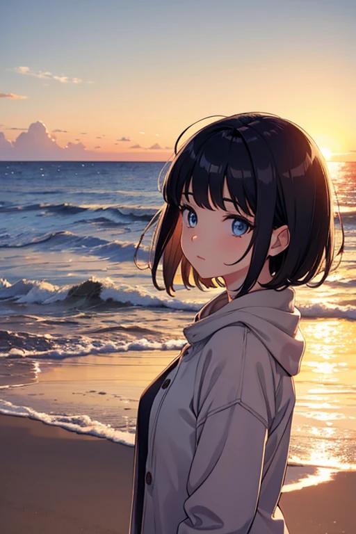 Beautiful eyes, masterpiece, highest quality, 1 girl, solo, sunrise, coast, from the side, winter, sukajan, short hair